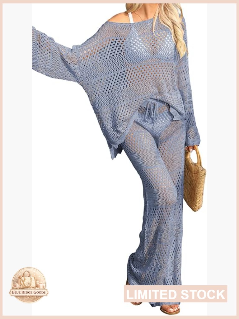 Crochet Lace Beach Cover Up Set 2 Piece Long Sleeve Top And Drawstring Wide Leg